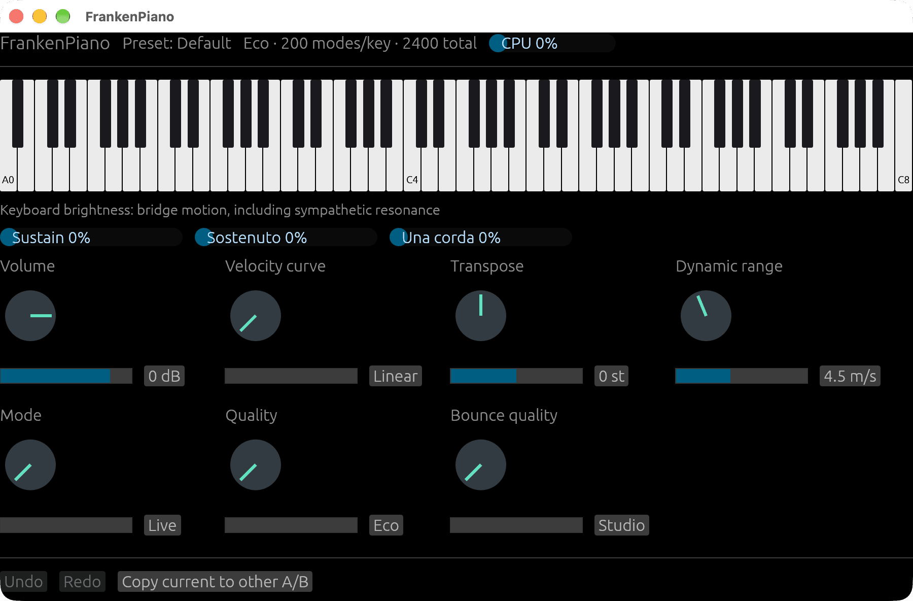 The FrankenPiano editor: an 88-key keyboard display, pedal meters, and knobs for volume, velocity curve, transpose, dynamic range, mode, quality and bounce quality.